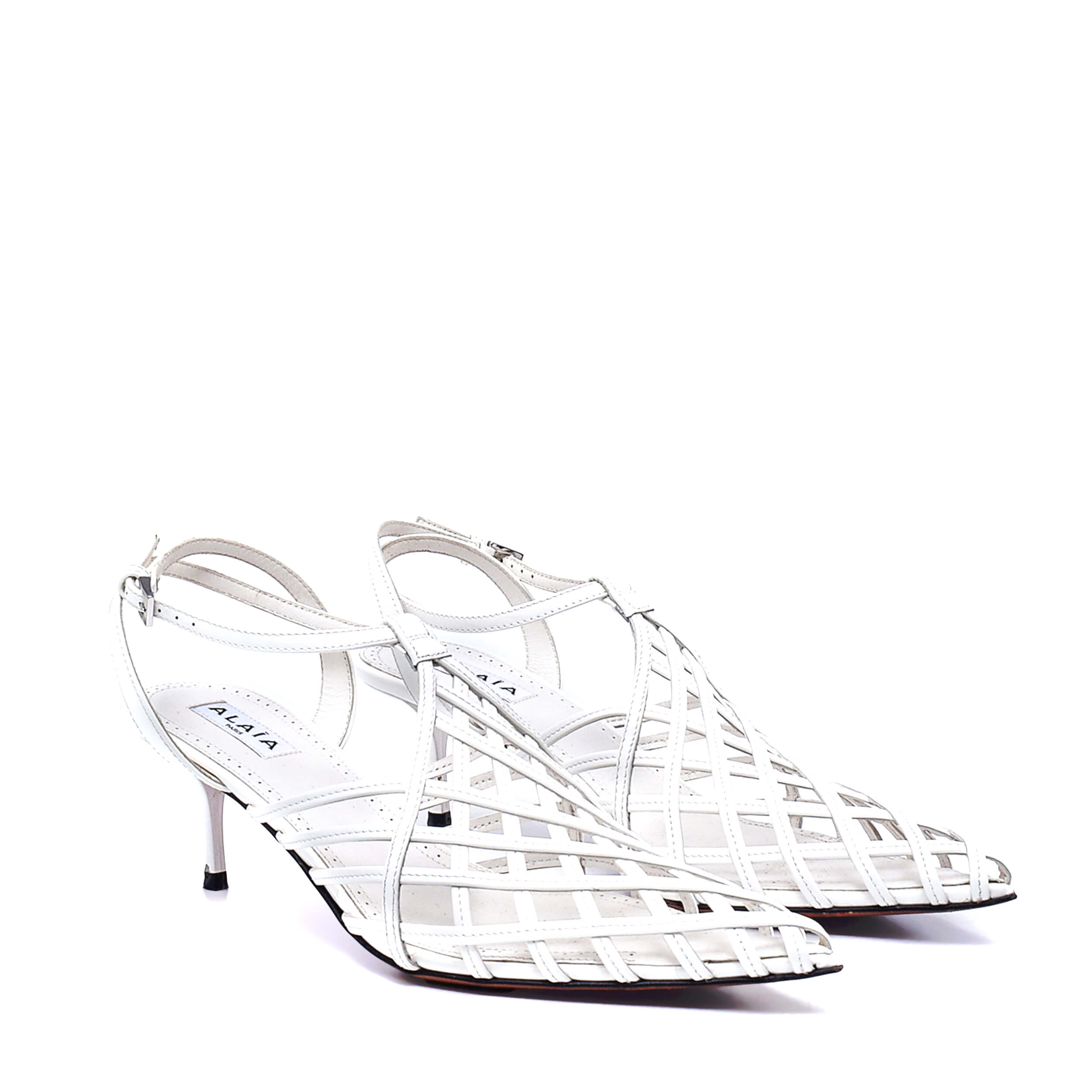 Alaia - White La Cage Kitten Heel Ankle Strap Sandals / 39